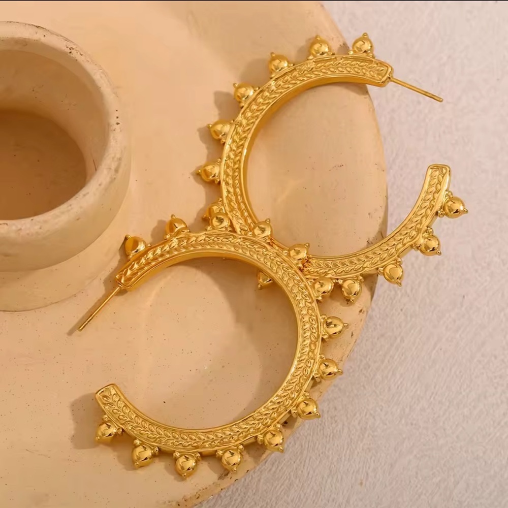 18K Gold Sunburst Hoop Earrings Stainless Steel